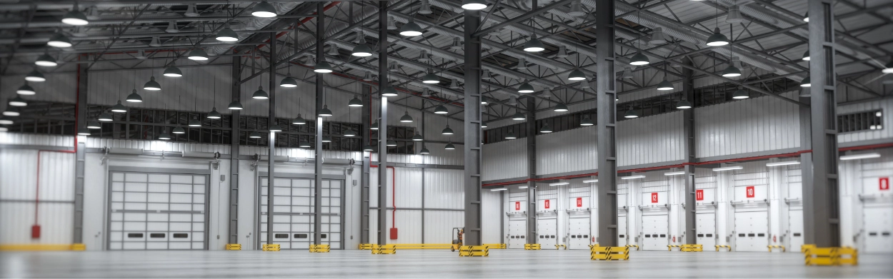 Interior of a large, empty warehouse with high ceilings, overhead lights, multiple loading docks, and closed garage doors—expertly constructed by a trusted Metal Building Contractor.