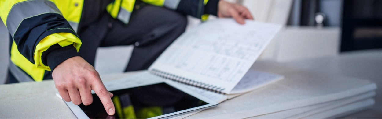 A Metal Building Contractor in a high-visibility jacket uses a tablet while referencing documents on a clipboard, suggesting a work or inspection setting.