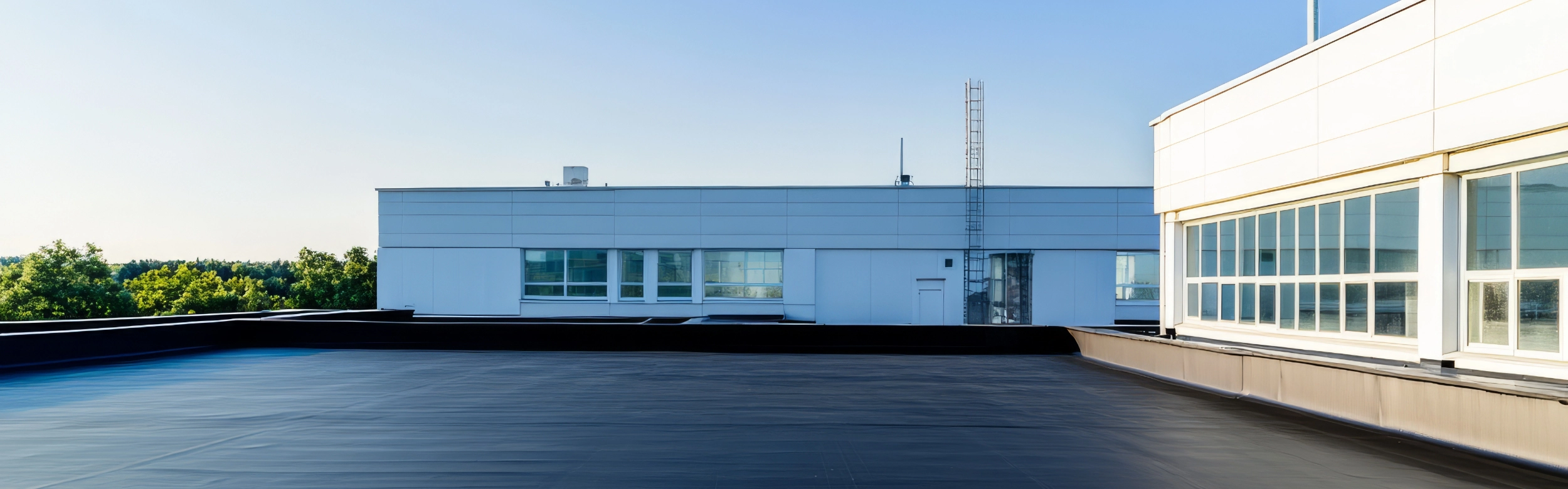 Flat rooftop with a black membrane surface, adjacent to a modern white building with large windows and a ladder, under a clear blue sky—ideal conditions for a Metal Building Re-Roof project.