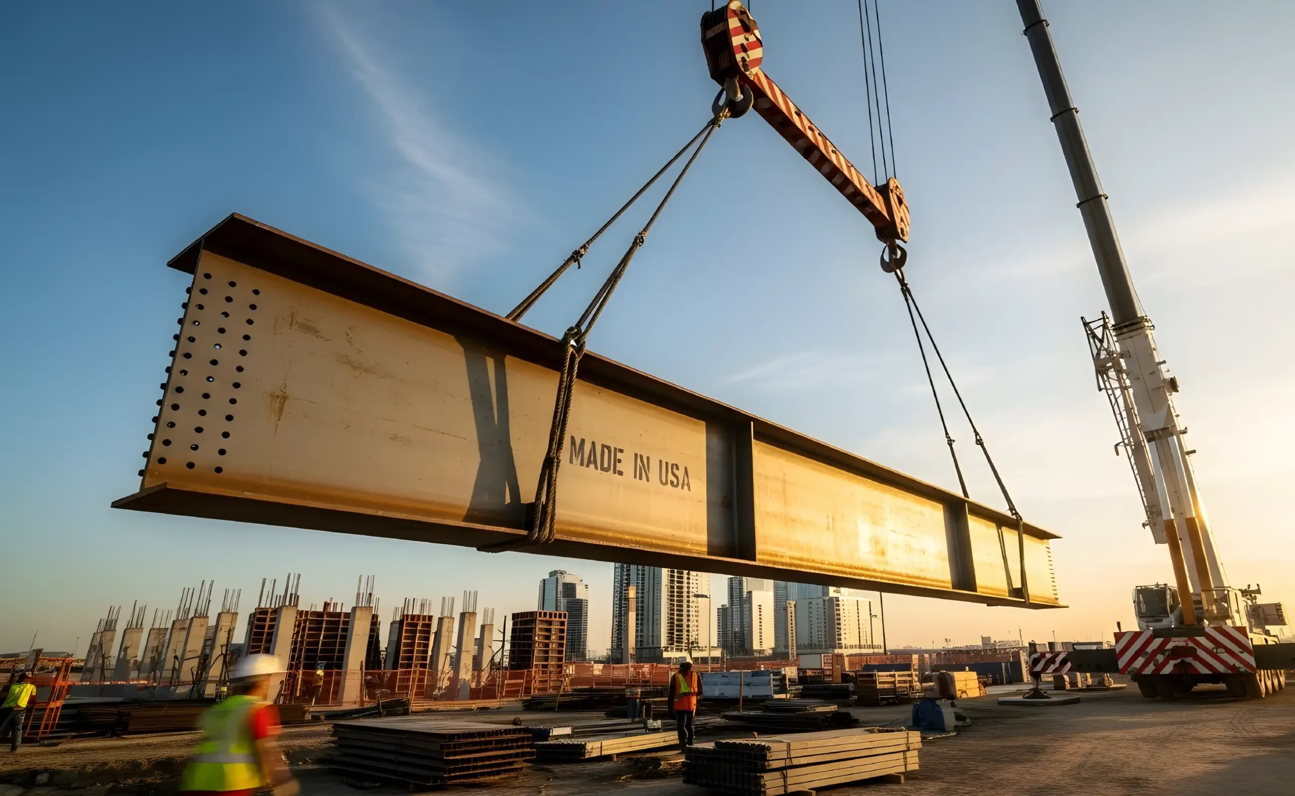 Construction site at sunset featuring crane lifting steel beam.